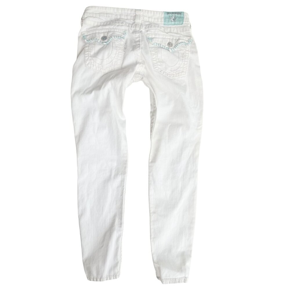 ViNTaGe TRUE RELIGION white skinny Jeans w/Blue embrodered FLaP pockets! Tag 30